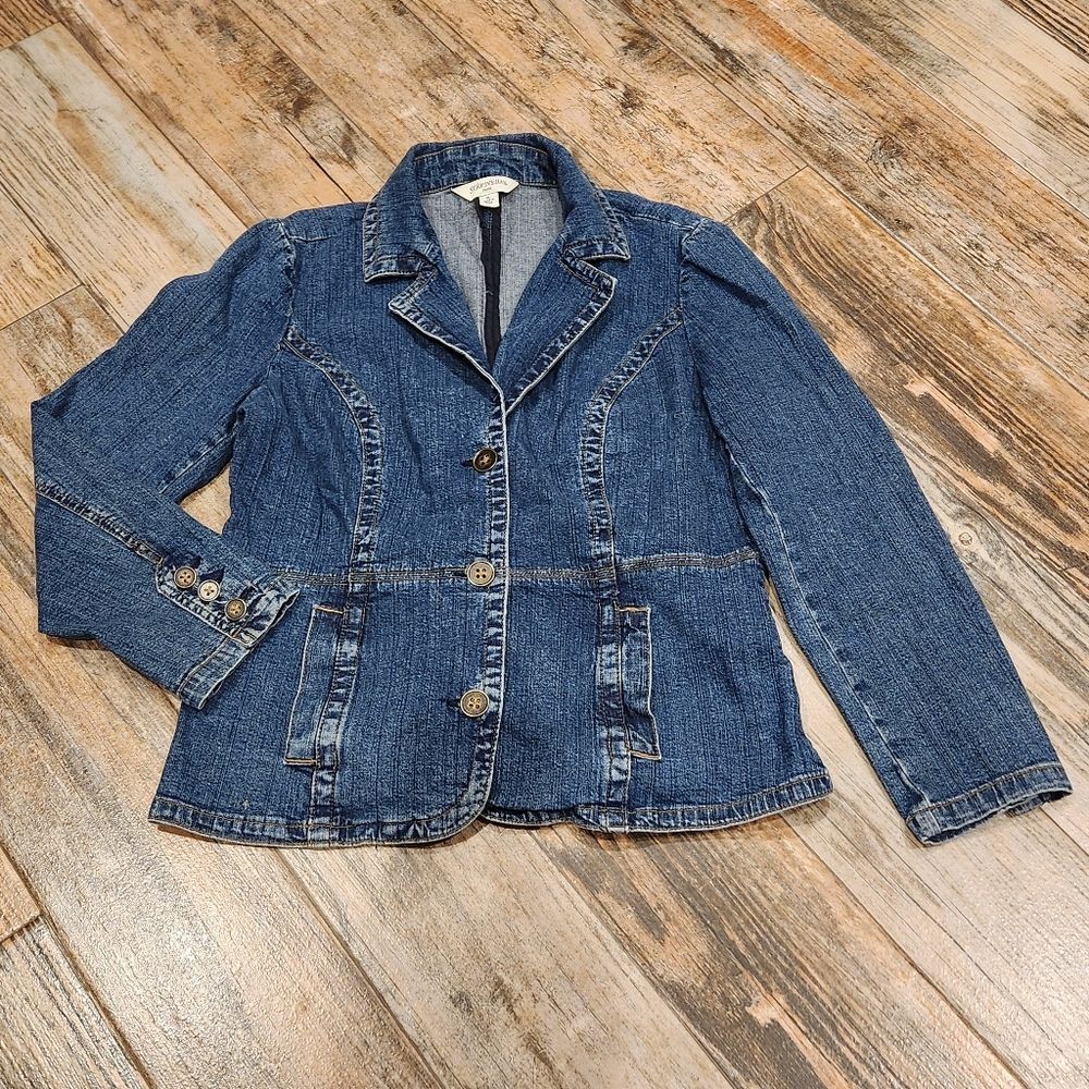 🔸️St John's Bay Denim Long Sleeve Blazer Jacket Petite Large